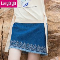 Lagogo2017夏季款简约蓝色毛边高腰牛仔半身裙女细腰带百搭短裙 155/S/36 深牛仔蓝（N