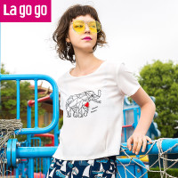 Lagogo2017夏季款时尚百搭印花流苏短袖T恤女白色显瘦短上衣 155/S/36 本白色（V1）