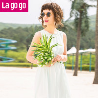 Lagogo/拉谷谷2017年夏新款松紧腰雪纺清新连衣裙女后V领系带裙子