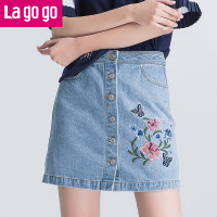 Lagogo2017夏季新款刺绣印花高腰 百搭牛仔裙女短款A字裙半裙裙子