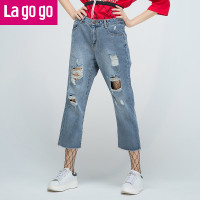 Lagogo/拉谷谷2017年夏季款时尚纽扣拉链破洞牛仔裤 155/S/36 浅牛仔蓝（N7）