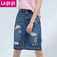 Lagogo拉谷谷2017夏季新款贴布磨破高腰牛仔半身裙女开叉裙子中裙