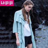 Lagogo2017夏季款纯色风衣女韩版七分袖薄外套中长款女装上衣 155/S/36 军绿色（L3）