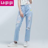 Lagogo/拉谷谷2017年新款破洞高腰纯棉纽扣牛仔裤女夏秋季薄款潮_1 155/S/36 浅牛仔