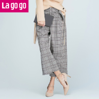Lagogo/拉谷谷2017年秋新款女装翻边阔腿裤格子休闲裤百搭九分裤_1 155/S/36 混色（
