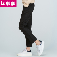 Lagogo2017秋冬款纯黑色高腰开衩直筒休闲裤长裤子女百搭显瘦_1 155/S/36 黑色（W1