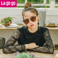 Lagogo/拉谷谷2017冬季款浪漫小立领木耳边蕾丝衫镂空打底衫女_1 155/S/36 本白色（