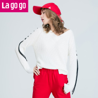Lagogo2017年秋冬季新款V领白色毛衣春秋休闲上衣 长袖针织衫女