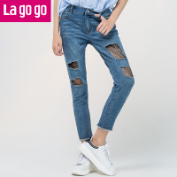 Lagogo2017年秋新款裤子百搭显瘦九分裤休闲高腰破洞网纱牛仔裤女