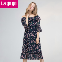 Lagogo2017秋季新款直筒中长款大圆领连衣裙女一字肩碎花中袖裙子 155/S/36 混色（Y0