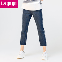 Lagogo2017秋季新款直筒蓝色高腰牛仔裤九分裤小脚裤显瘦女裤子_1 155/S/36 靛蓝色（