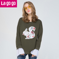 Lagogo2017秋装新款圆领时尚袖口个性拼接卫衣女假两件刺绣套头衫_1 155/S/36 军绿色