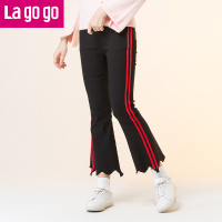Lagogo拉谷谷2017冬款撞色织带高腰裤子不规则喇叭裤休闲裤女潮_2 155/S/36 黑色（W