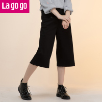 Lagogo拉谷谷2017春季新款直筒纯色高腰裤子双排扣七分裤阔腿裤女