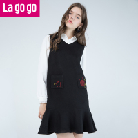 Lagogo/拉谷谷2017冬季新款时尚V领口袋鱼尾裙连衣裙女甜美裙子_1 155/S/36 黑色（