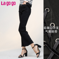Lagogo2017冬季款韩版休闲长裤绑带裤子高腰喇叭裤黑色牛仔裤女_1 155/S/36 黑色（W