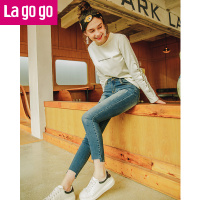 Lagogo2017冬季新款高腰铅笔裤破洞长裤小脚裤子显瘦纯色牛仔裤女