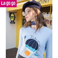 Lagogo2017秋冬季新款时尚修身长袖针织衫女卡通刺绣短款套头毛衣