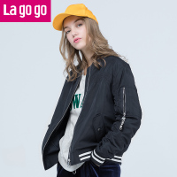 Lagogo/拉谷谷2017冬季时尚个性刺绣运动风夹克棉服女百搭外套_1 155/S/36 藏青色（