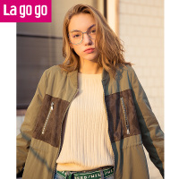 Lagogo/拉谷谷2017年秋新款女装麂皮绒外套拼接刺绣中长款风衣女_0_3 155/S/36 军