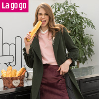 Lagogo2017冬季新款直筒纯色大翻领毛呢大衣外套女收腰显瘦中长款