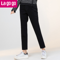 Lagogo2017年秋冬季款纯黑色高腰显瘦小脚裤休闲裤牛仔裤女裤子_2 155/S/36 黑色（W