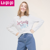 Lagogo2017秋冬季新款白色圆领套头 印花休闲上衣百搭长袖卫衣女