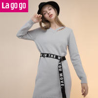 Lagogo拉谷谷2017冬季款V领长袖连衣裙前短后长针织裙子女潮_1 155/S/36 灰色（R2