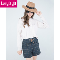 Lagogo2017秋冬季新款绑带格子毛呢高腰短款外穿裤子短款女靴裤