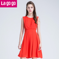 Lagogo夏秋季新款雪纺气质纯色圆领高腰连衣裙无袖收腰显瘦女裙子 155/S/36 桔红色（J1）