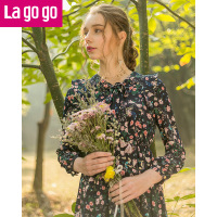 Lagogo2018年春季新款小碎花V领长袖高腰显瘦连衣裙女秋装宽松