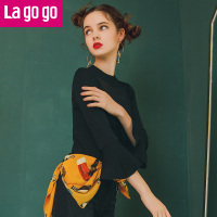 Lagogo2018春夏秋新款时尚套头喇叭袖针织衫小高领修身拼接打底衫女 155/S/36 黑色（W