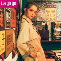 Lagogo2018春季新款时尚翻领港味复古风衣女中长款休闲外套