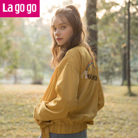 Lagogo2018春季新款棒球衫黄色夹克系带短款机车外套长袖外套女潮