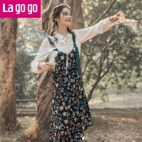 Lagogo2018春夏秋季新款碎花裙女裙子V领印花连衣裙斜边吊带裙_1 155/S/36 混色（Y