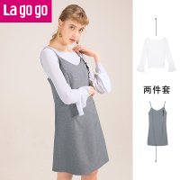 Lagogo2018春夏秋新款时尚雪纺内搭喇叭袖裙装女两件套宽松吊带连衣裙_1 155/S/36 灰