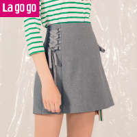 Lagogo2018春夏秋新款纯色侧边绑带优雅高腰显瘦半身裙女小A字裙短裙_1 155/S/36 灰