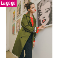 Lagogo2018春夏秋新款女装翻领长袖双排扣风衣外套女中长款宽松_1 155/S/36 橄榄绿（