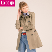 Lagogo2018春夏秋装新品纯色双排扣休闲风衣收腰显瘦外套女长袖中长款_1 155/S/36 浅