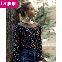 Lagogo拉谷谷2018春夏秋新款宽松蕾丝衫网纱拼接领口上衣碎花雪纺衫女_1 155/S/36 混