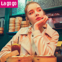 Lagogo2018春夏秋季新款上衣粉色机车夹克短款斜拉链长袖外套女_1 155/S/36 粉红色（
