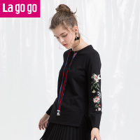 Lagogo2018春夏秋季新款时尚圆领套头上衣长袖黑色刺绣卫衣女宽松潮 155/S/36 黑色（W
