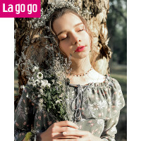 Lagogo2018春季新款时尚长袖雪纺连衣裙一字领印花中长裙女秋冬