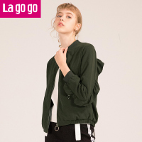 Lagogo2018春夏秋季新款直筒长袖纯色短外套女百搭荷叶边情侣装棒球服 155/S/36 军绿色