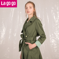Lagogo2018春夏秋装新品军绿色双排扣绑带气质风衣中长款休闲外套女_1 155/S/36 军绿