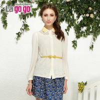 lagogo 拉谷谷正品 夏季韩范娃娃领蕾丝雪纺拼接长袖衬衫女装上衣