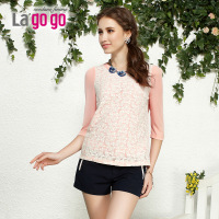 lagogo秋夏季新款蕾丝雪纺衫长袖上衣 休闲修身衬衫女宽松百搭