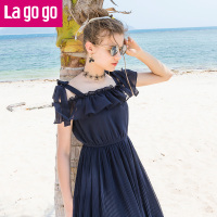 !Lagogo2018夏秋新款裙子漏肩中长款藏青色时尚女神范吊带连衣裙女_1 155/S/36 藏青