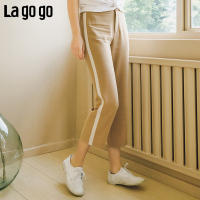 Lagogo2018夏秋季新款九分裤驼色高腰裤子时尚简约撞色运动休闲裤女_1 155/S/36 驼色
