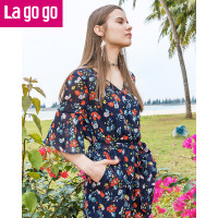 Lagogo2018夏季新款女V领喇叭袖雪纺衫高腰阔腿裤休闲短裤连体衣